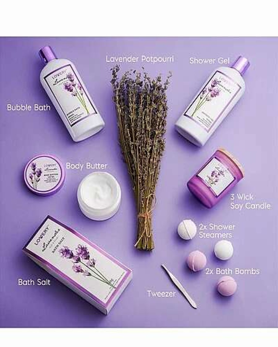 Bath & Body * | Lovery Lavender Bath And Body 15Pc Gift Basket, Home Spa Kit In Handmade Basket Women