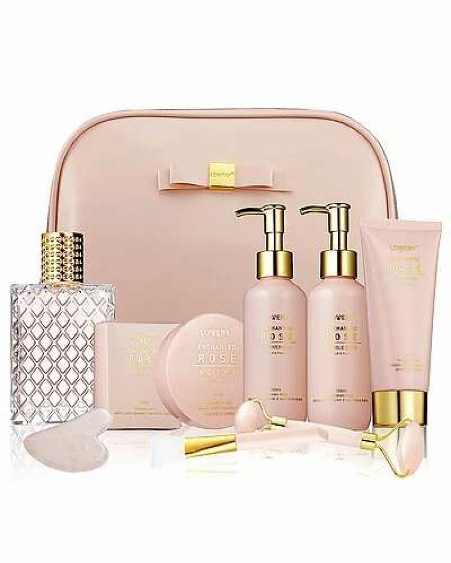 Bath & Body * | Lovery Luxury Enchanted Rose Bath & Body Beauty Kit With Leather Bag, Jade Roller & More Women