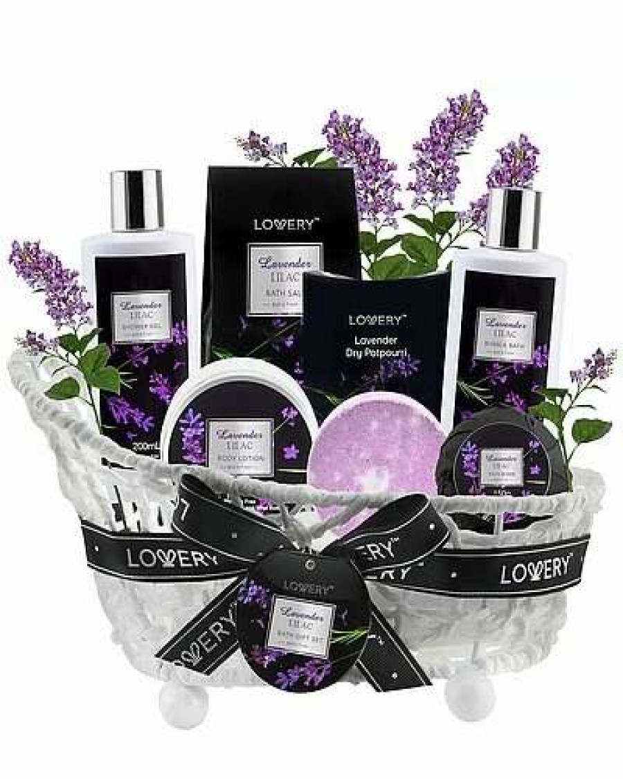 Bath & Body * | Lovery Lavender Lilac Spa Kit, 8Pc Self Care Bath And Shower Set In Handmade Basket Women