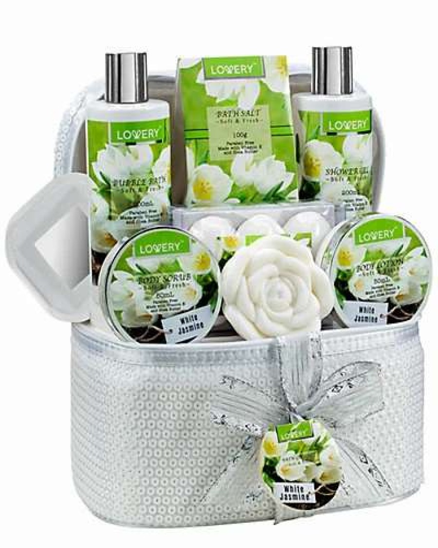 Bath & Body * | Lovery 14Pc Bath & Body Spa Gift White Jasmine Set In A Beaded Cosmetic Bag Women